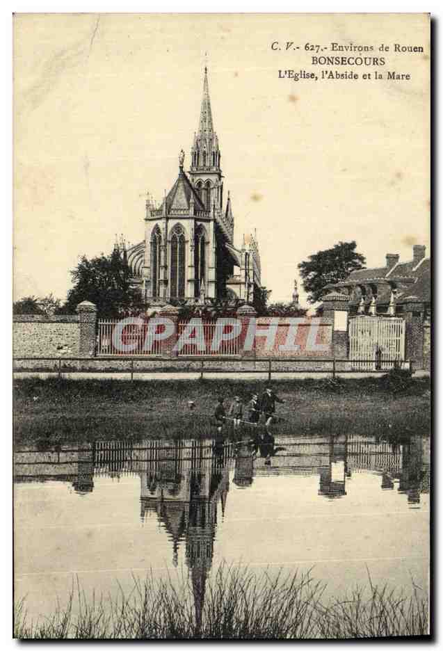 CPA Environs De Rouen Bonsecours l Eglise L Abside et La Mare Enfants a la peche