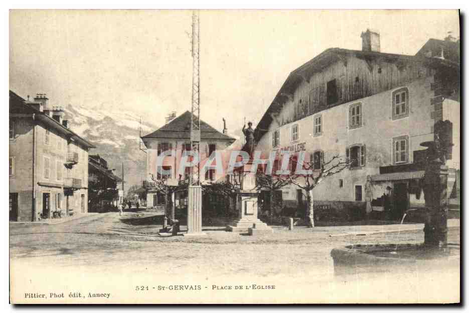 St-Gervais - Place de l'Église — vue de la place avec fontaine et bâtiments — Piltier, Phot. édit., Annecy, n° 524