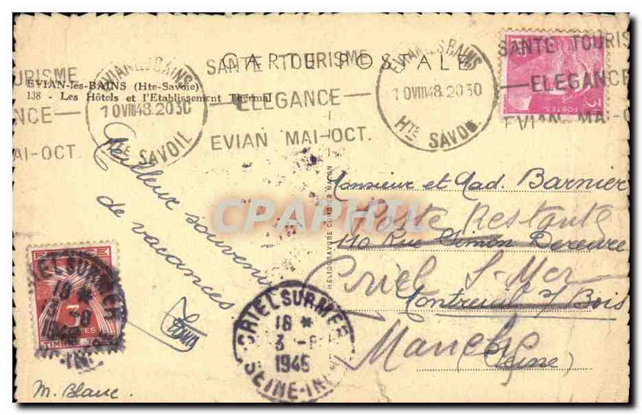 Evian-les-Bains — Albergo Termale — Editore: Les Hôtels et l'Établissement Thermal — Verso