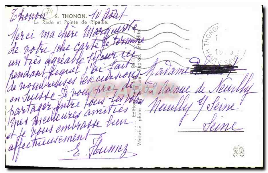 La Rade et Pointe de Ripaille — Thonon — Édition photo Paris, n°74 — Back