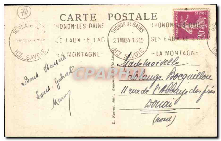 CPA Thonon Les Bains Hotel Du Parc — Verso
