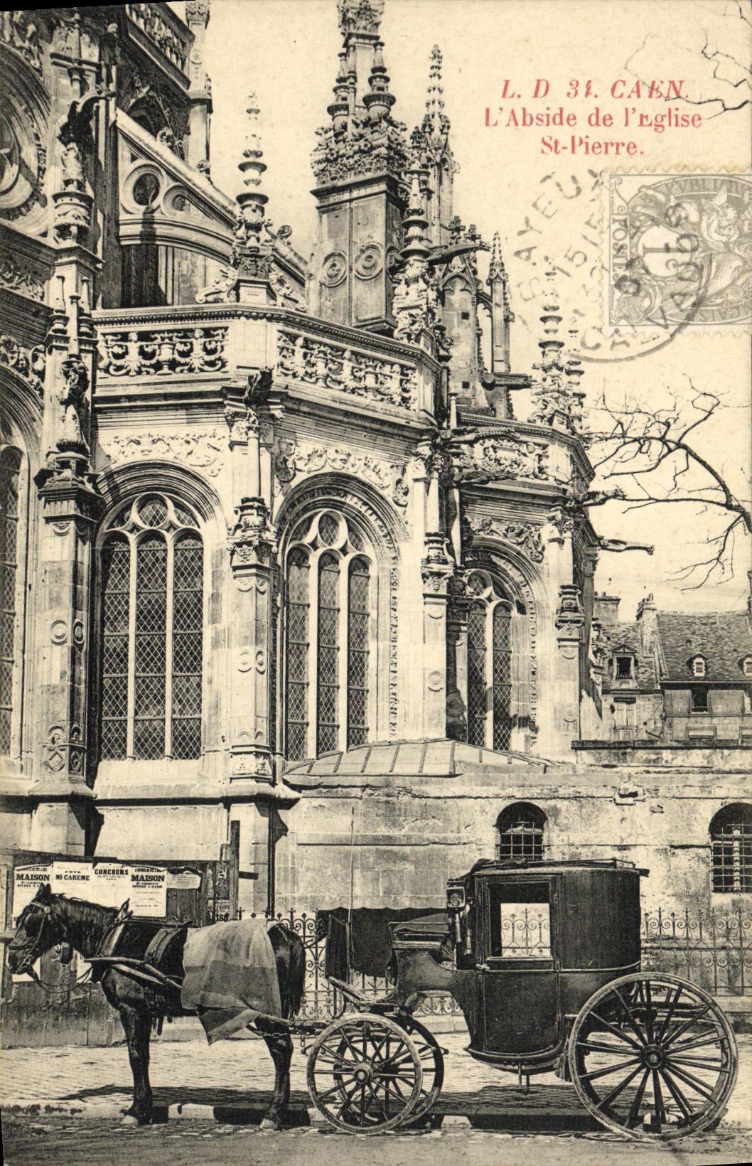 CPA Caen L Abside de L Eglise St pierre Caleche Cheval