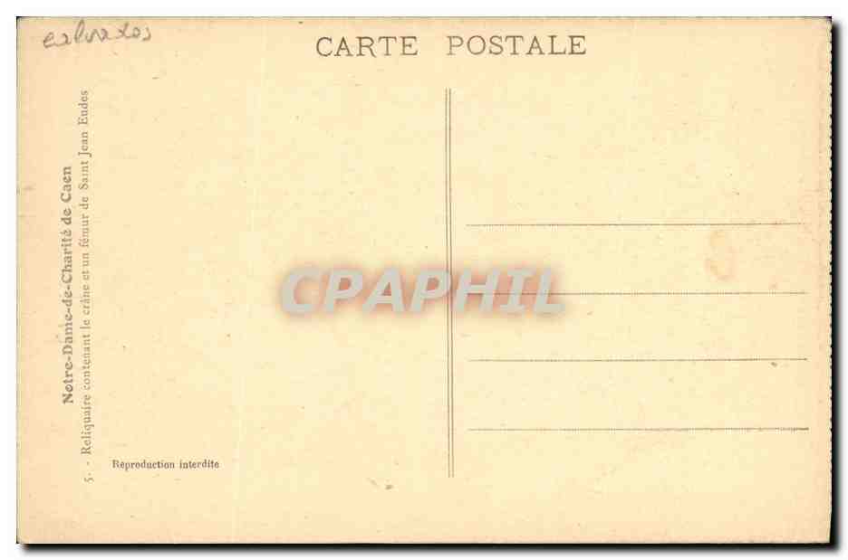 CPA Notre Dame De Charite de Caen Reliquaire contenant le crane et un femur de Saint Jean Eudes — Verso