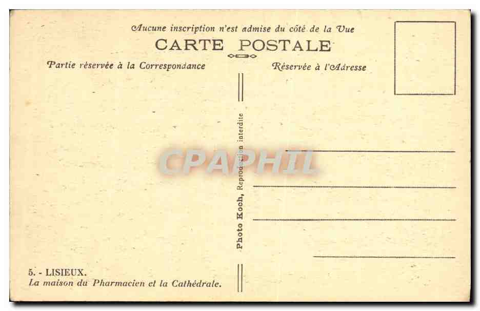 CPA Lisieux La Maison du Pharmacien et La Cathedrale — Verso