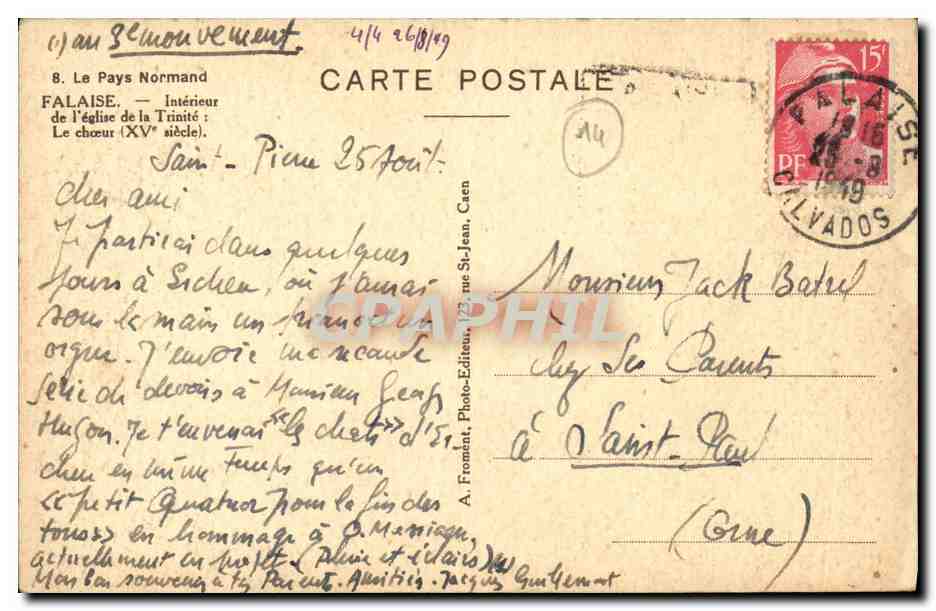 Intérieur de l'église de la Trinité — Saint-Pierre — Falaise — éditeur A. Fromkat — Verso