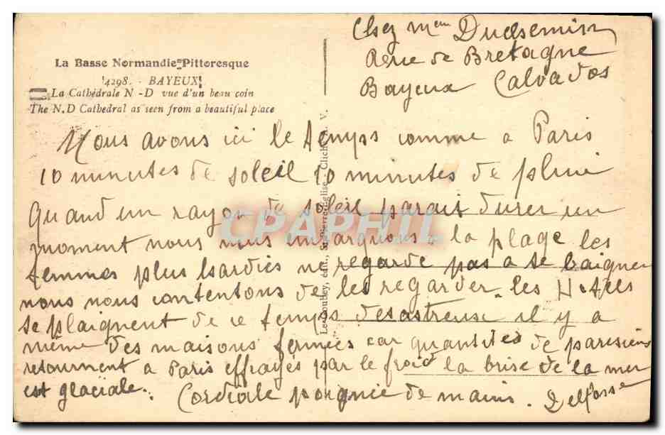 La Cathédrale N.-D. vue d'un beau coin — Bayeux — éditeur V. Leontiey — Reverso