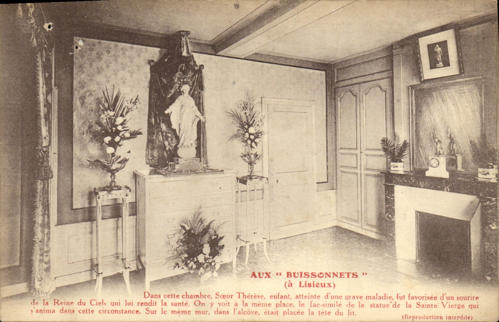 Chambre de Sœur Thérèse à 'Buissonnets' (à Lisieux) — statue de la Vierge — éditeur Santi-Bommer, Paris