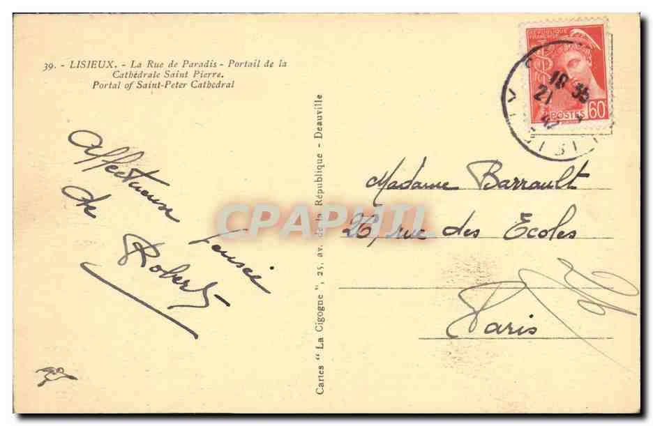 Lisieux - Portail de la Cathédrale Saint-Pierre — Cartes "La Cigogne" — Rückseite