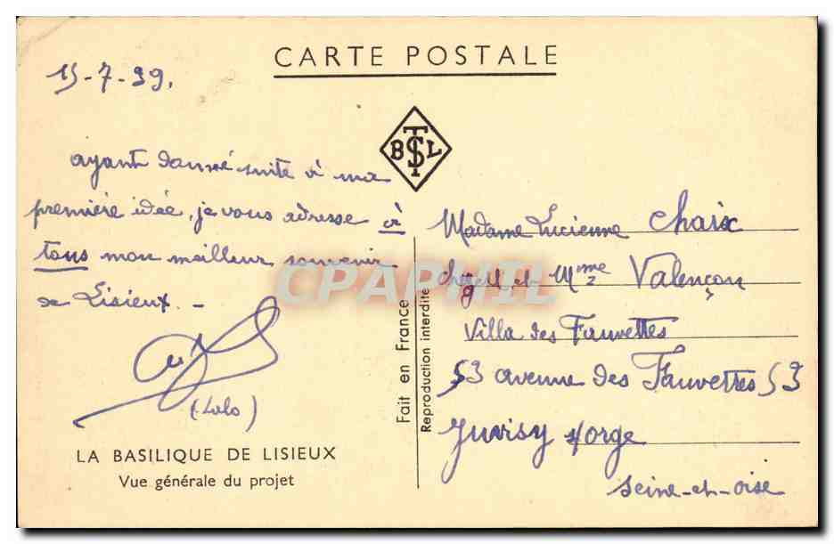 CPA La Basilique De Lisieux Vue Generale Du Projet — Rückseite