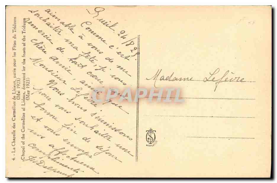 CPA Lisieux La Chapelle des Carmelites de Lisieux Paree Pour Les Fetes du Tridum  — Rückseite