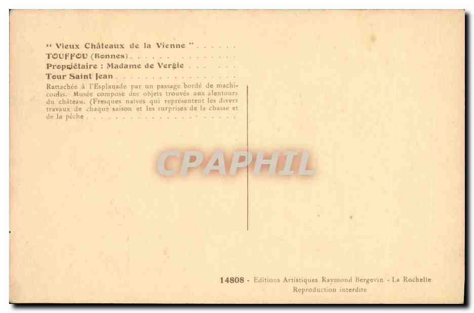 CPA Touffou Preprietaire Madame de Vergie Tour Saint Jean — Back