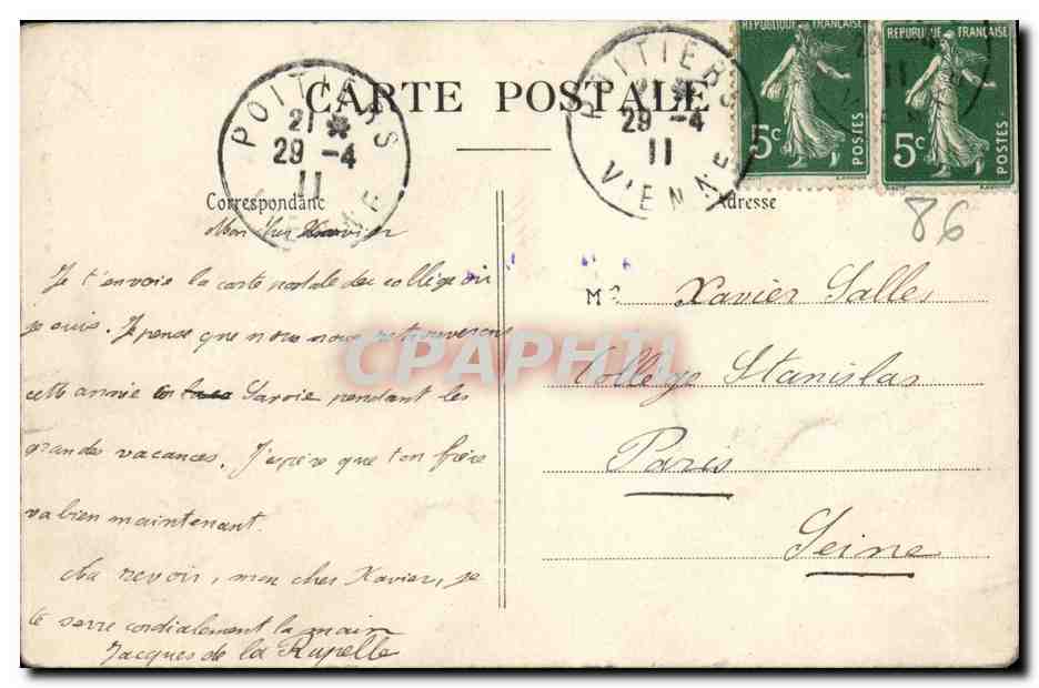 Poitiers — Collège St-Joseph — C. Thirion, n° 86 — Verso
