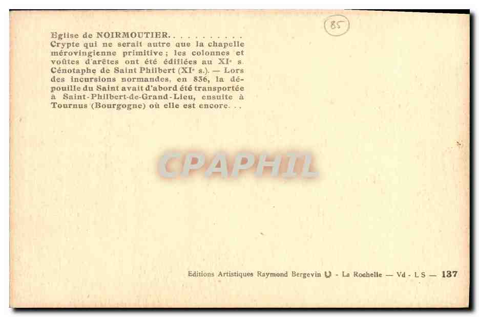 Crypte de l'église de Noirmoutier — Crypte mérovingienne primitive — Éditions Artistiques Raymond Bergevin, La Rochelle — Rückseite
