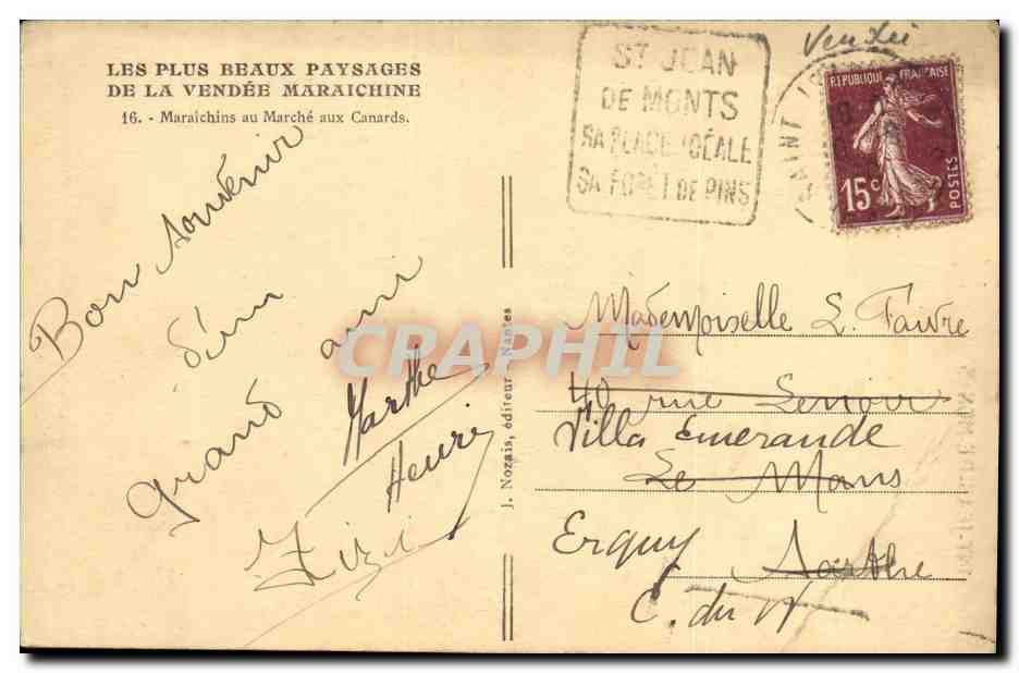 Tarjeta postal antigua St Jean de Monts agricultores en el mercado de patos Folklroe — Reverso