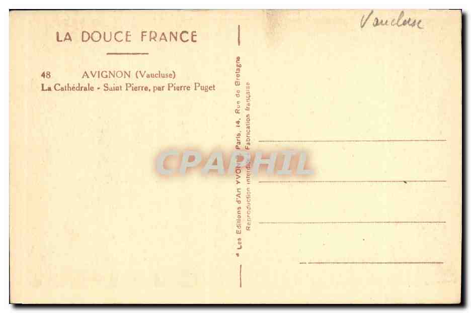 CPA Avignon La Cathedrale Saint Pierre par Pierre Puget — Verso