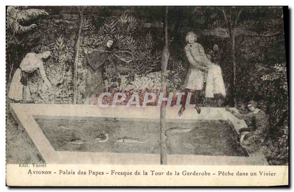 CPA Avignon Le Palais des Papes Fresque de la tour de la garderobe peche dans un vivier
