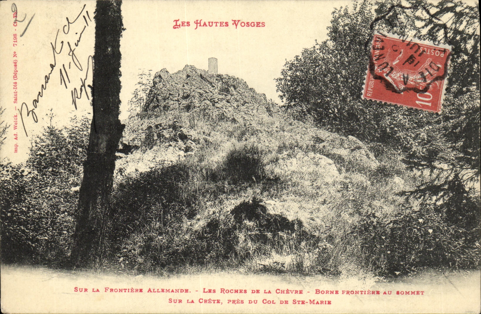 Les Hautes Vosges — Les Roches de la Chèvre — Borne frontière au sommet — imp. A. Weilck, Saint-Dié (Département) N° 7198