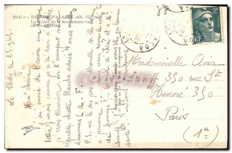 Elsass-Stab — Aussicht auf die Tal der Savoureuse vom Grand Hôtel — unbekannter Verleger, Nr. 15537 c — Rückseite