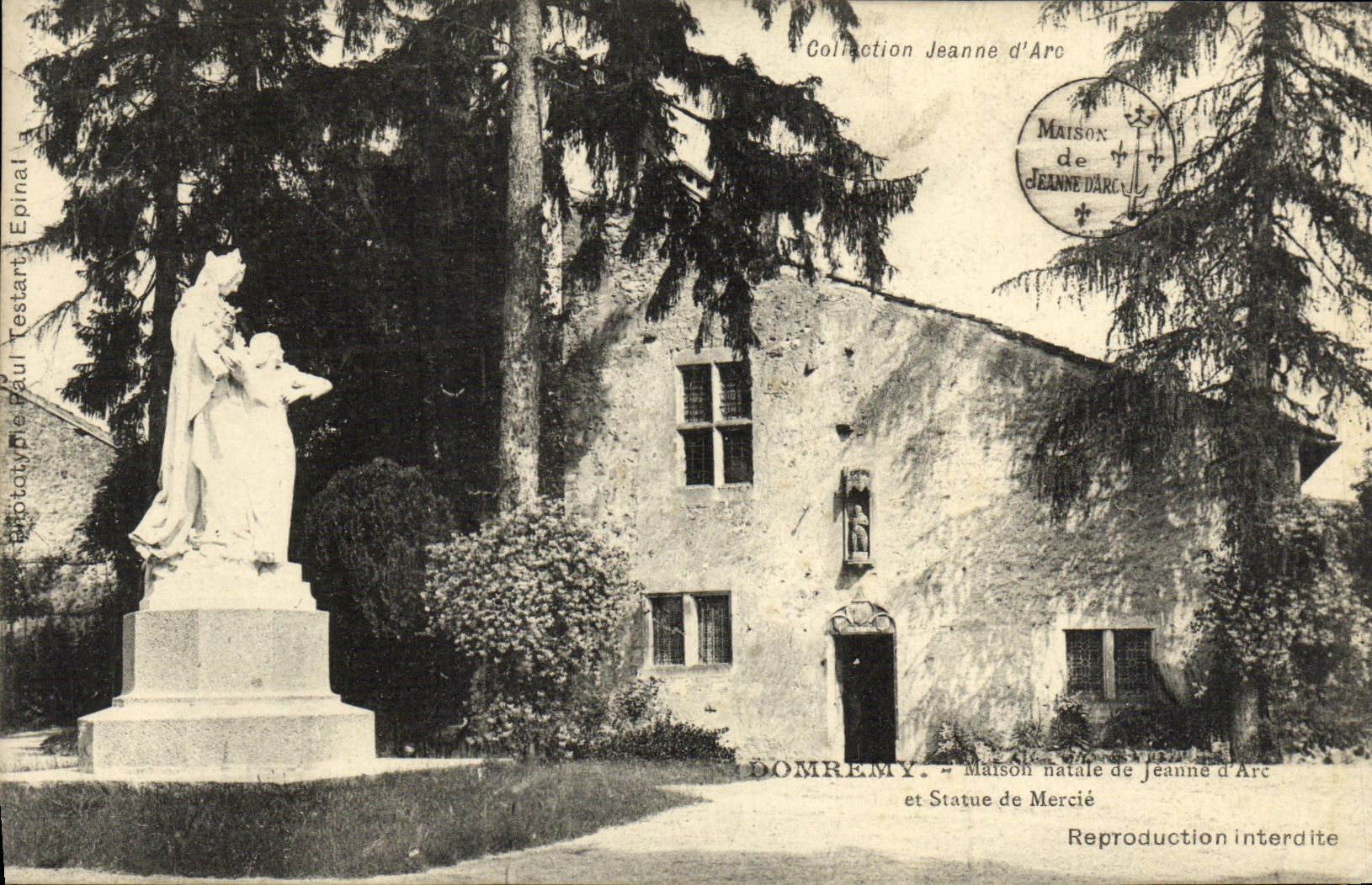 Domrémy — Maison natale de Jeanne d'Arc et Statue de Mercié — Phototypie Paul Testart, Epinal