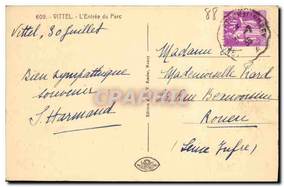 CPA Vittel L Entree Du Parc  — Rückseite
