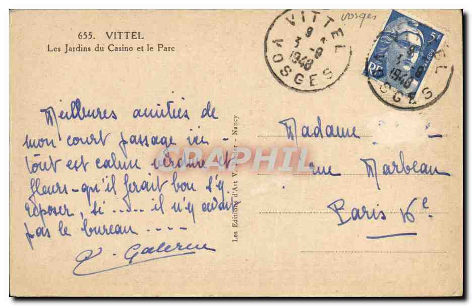 CPA Vittel Les Jardins Du Casino Et Le Parc  — Rückseite