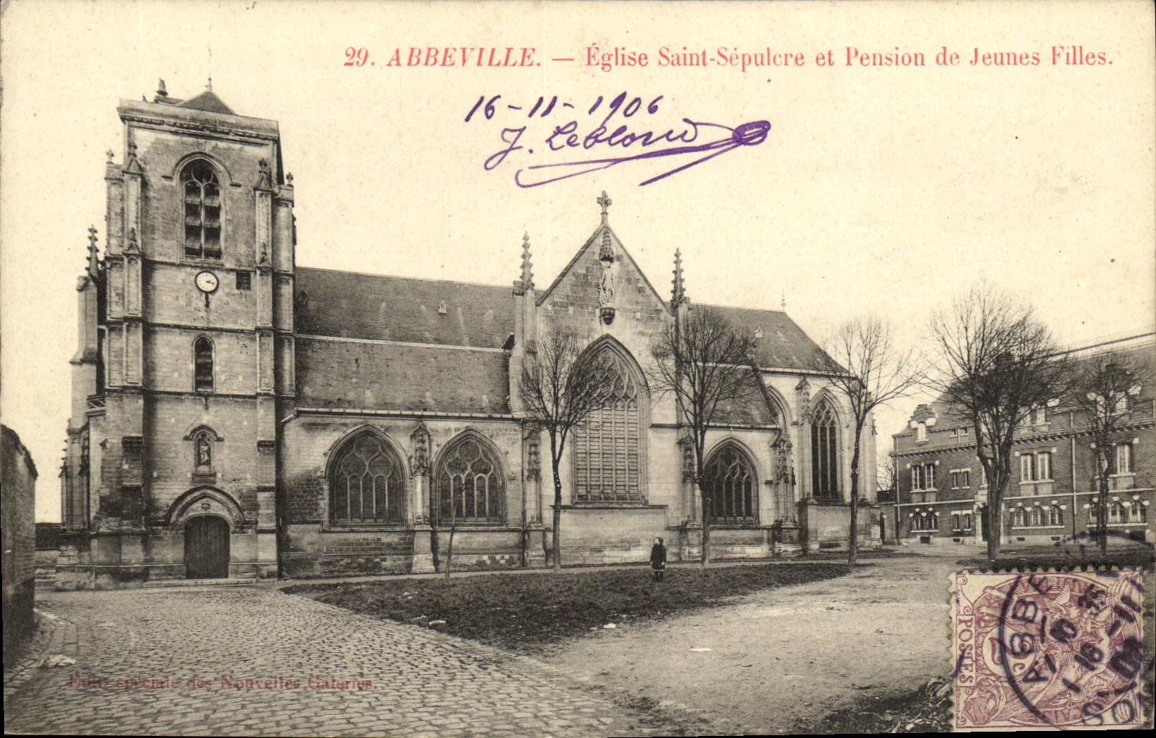 Abbeville — Église Saint-Sépulcre et Pension de Jeunes Filles — Éditeur : Imprimerie des Nouvelles Galeries, n°29