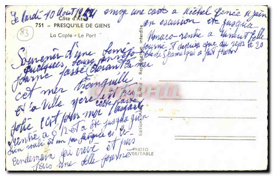 CPA Presqu ile de Giens La CApte Le port Bateaux  — Rückseite