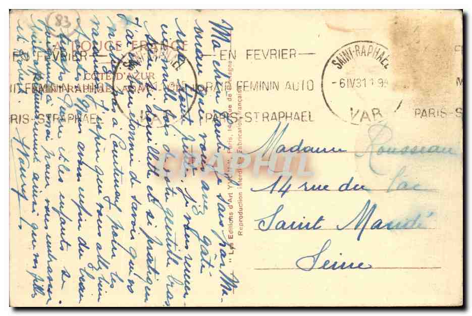 Vue de Saint-Raphaël — Côte d'Azur — éditeur Yvon, n° de série non visible — Rückseite