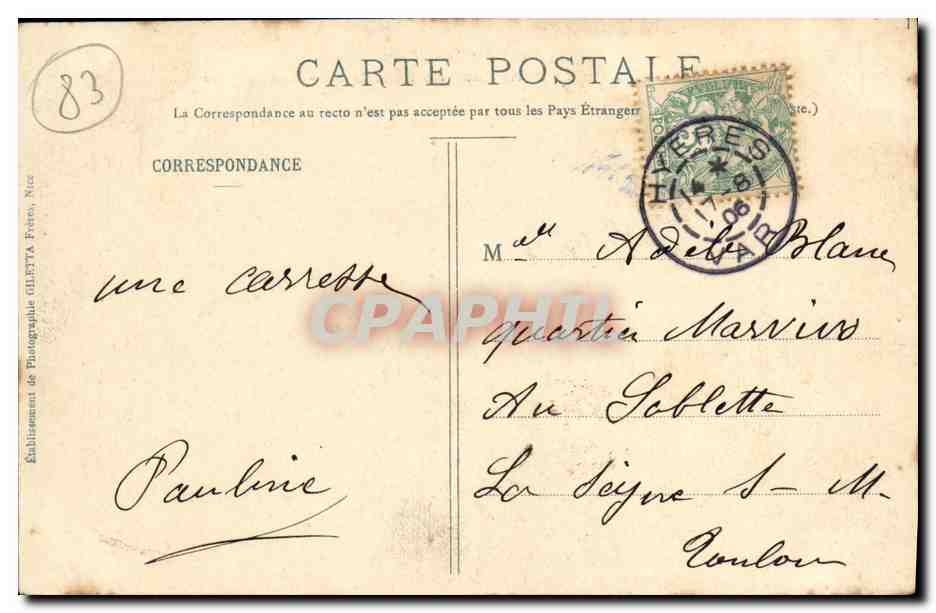 Hyères - Panorama de Costebelle - Les Hôtels — Édition Giletta, phot. Nice — Verso