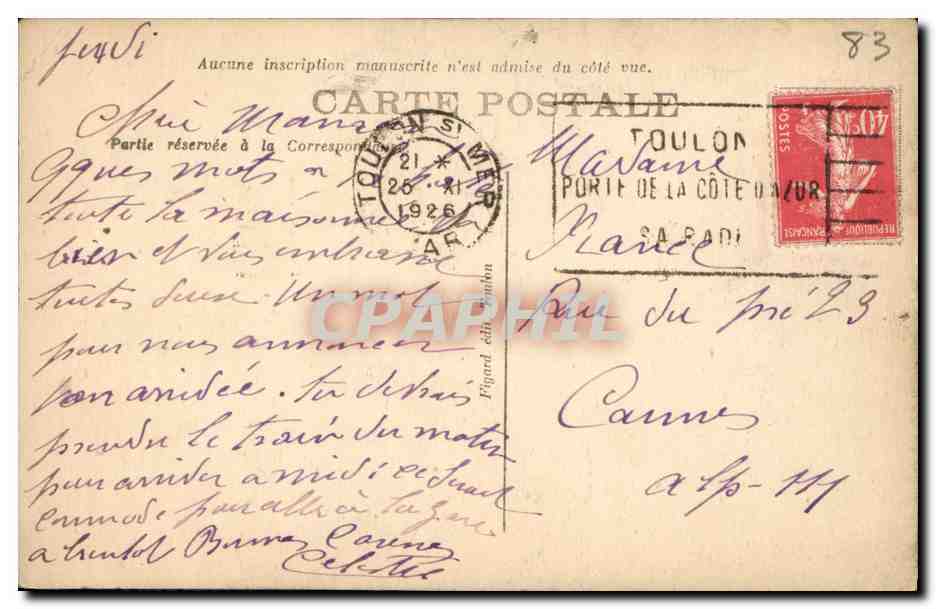 CPA Toulon Rochers de la Mitre — Verso