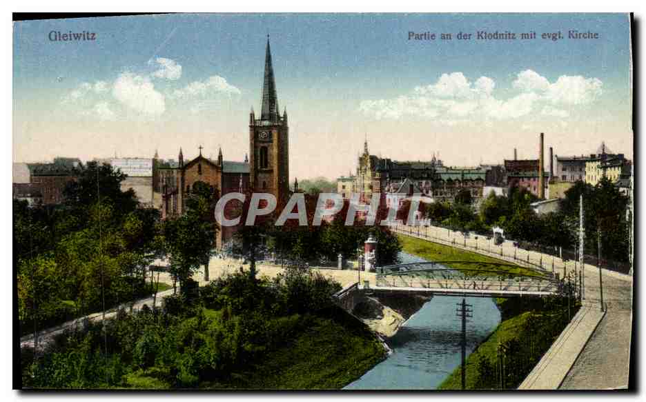 CPA Gieiwitz Partie an der Kiodmitz mit evgt Kirche Pologne 
