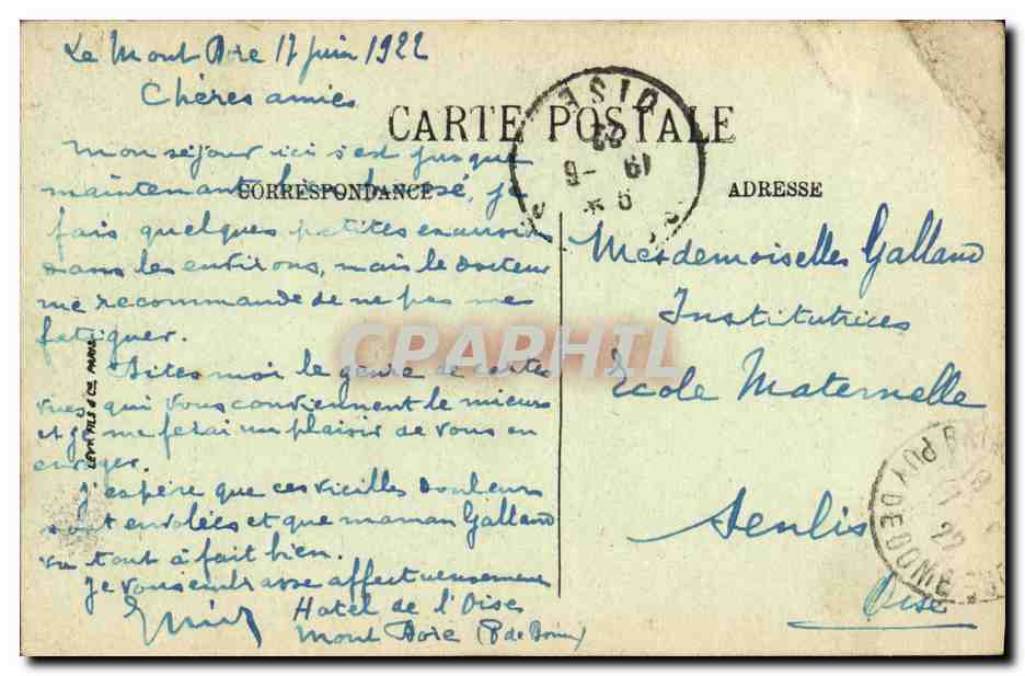 CPA Le Mont Dore Le Puy Gros Vu De L International Hotel  — Verso
