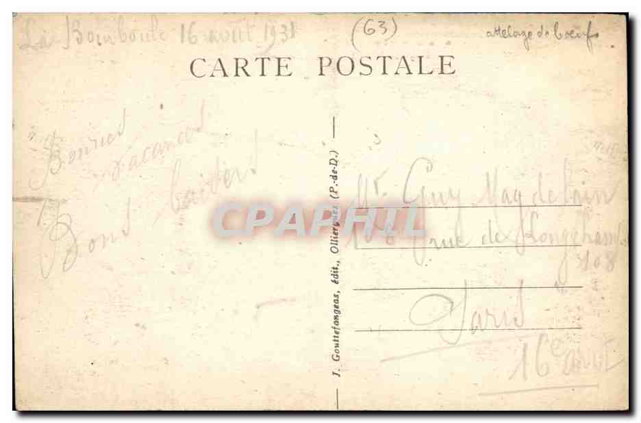 Le Mont-Dore — Route du Sancy — T. Goultifongas, édit. (63) — Verso
