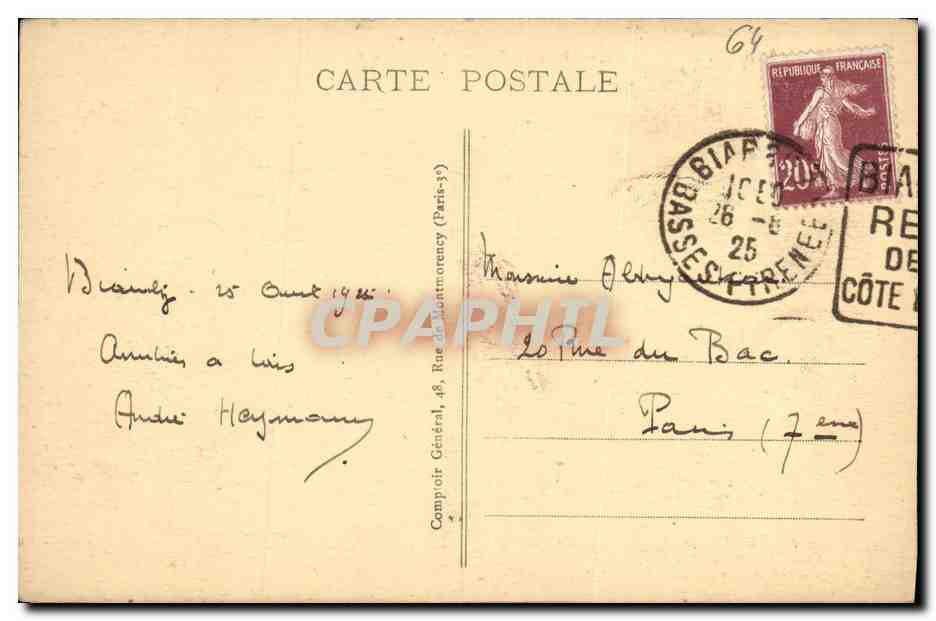 Biarritz - Hôtel du Palais — François Ilejer, libraire, Biarritz, n° 542 — Verso