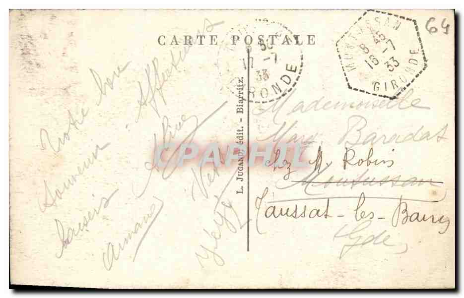 Biarritz — Le Pont de la Vierge, étude à travers les Tamaris — L. Jugand édit. n°39 — Verso