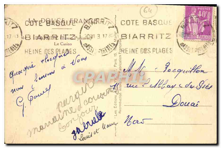 CPA Biarritz Le casino — Verso