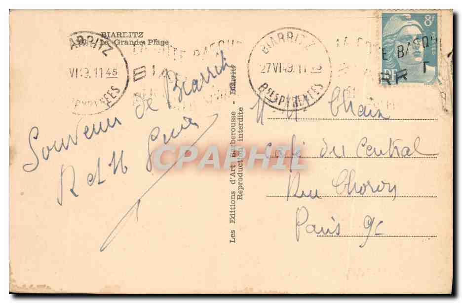 CPA Biarritz La Grande Plage  — Verso