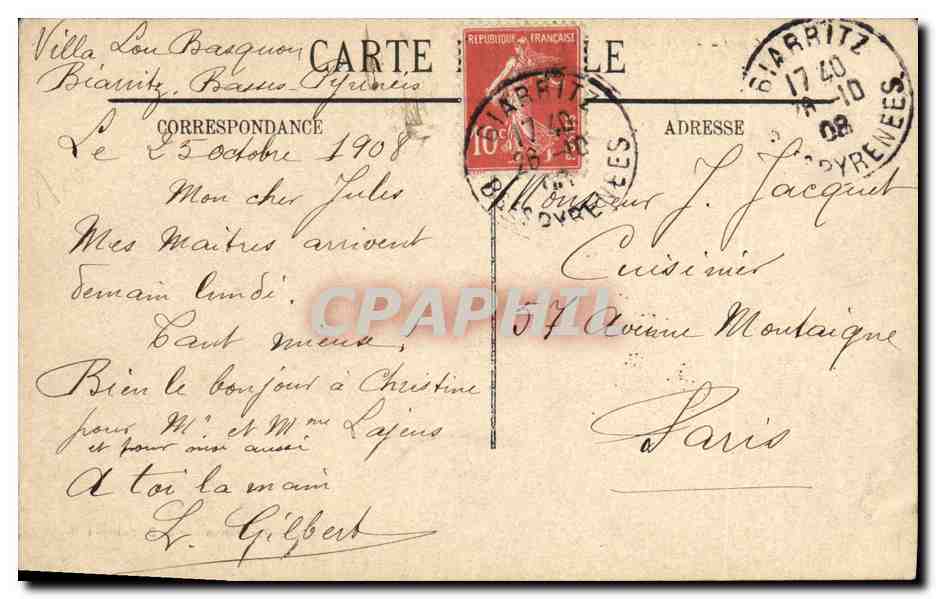 CPA Biarritz La Cote des Basques  — Verso