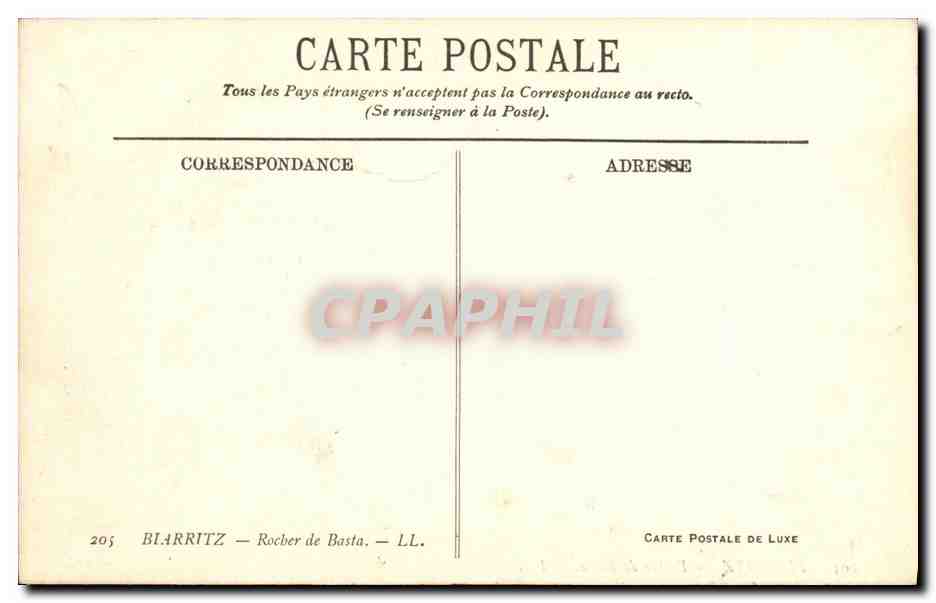 Blarritz — Rocber de Basta — Carte Postale de Luxe n°205 — Rückseite