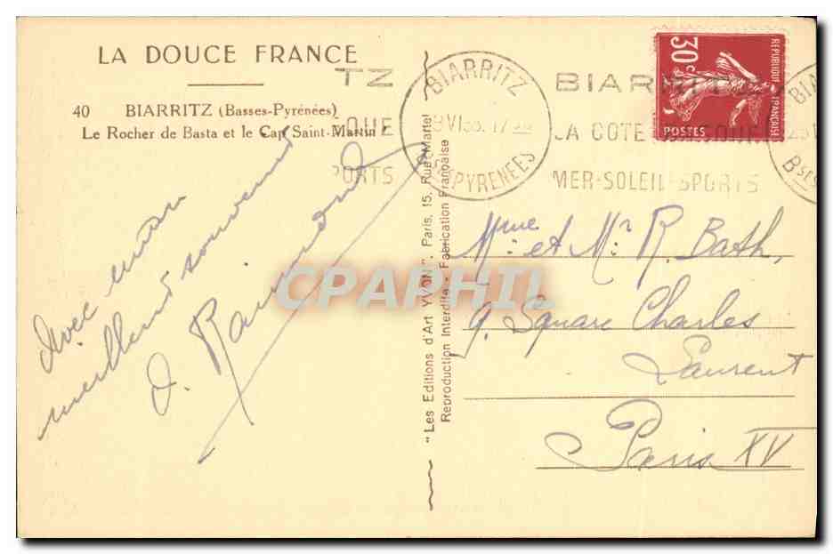 Biarritz — Le Rocher de Basta et le Cap Saint-Martin — Les Éditions d'Art VYAN, Paris — Verso