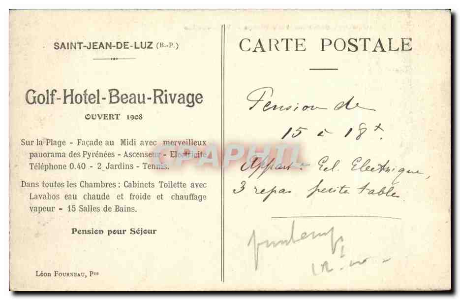 CPA St Jean De Luz Souvenir du Golf Hotel Beau Rivage  — Verso