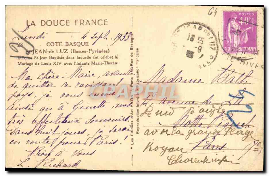 CPA Saint Jean De Luz St Jean Eglise St Jean Baptiste — Verso