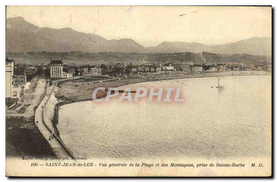 SAINT-JEAN-de-LUZ — Vue générale de la Plage et des Montagnes, prise de Sainte-Barbe — Barcel Delbey, phototypie, Bordeaux — n° 100