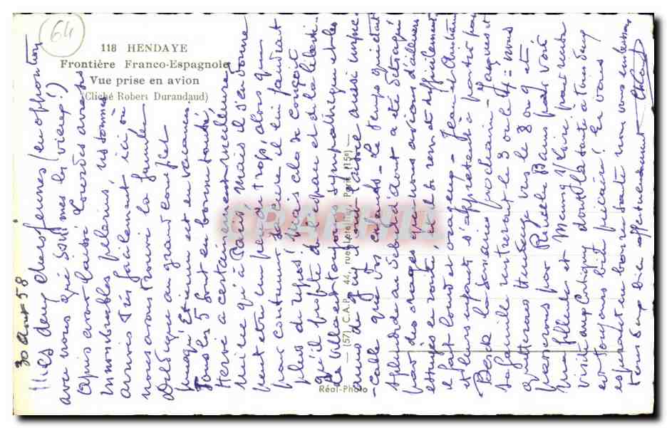 Hendaye — Vue aérienne de la frontière Franco-Espagnole — Cliché Robert Durandaud — Verso