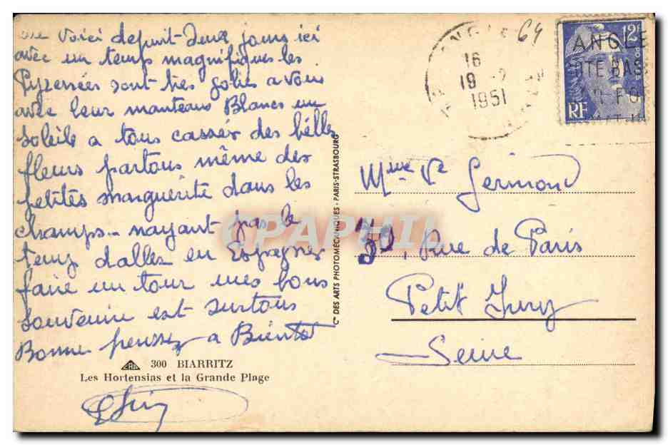 CPA Biarritz Les Hortensias Et La Grande Plage  — Verso