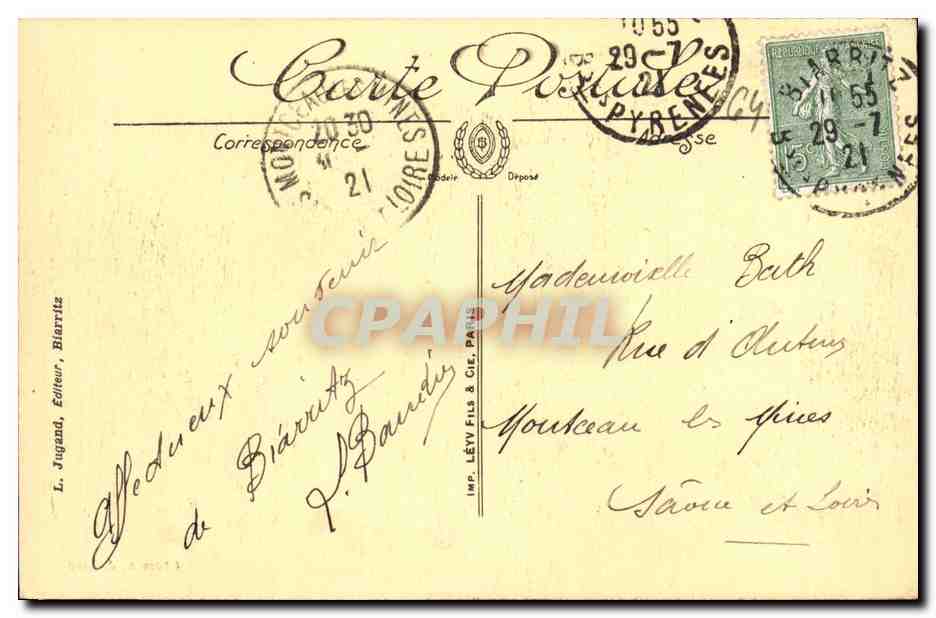 CPA Biarritz Le Rocher de la Vierge et Le Rocher Perce  — Verso