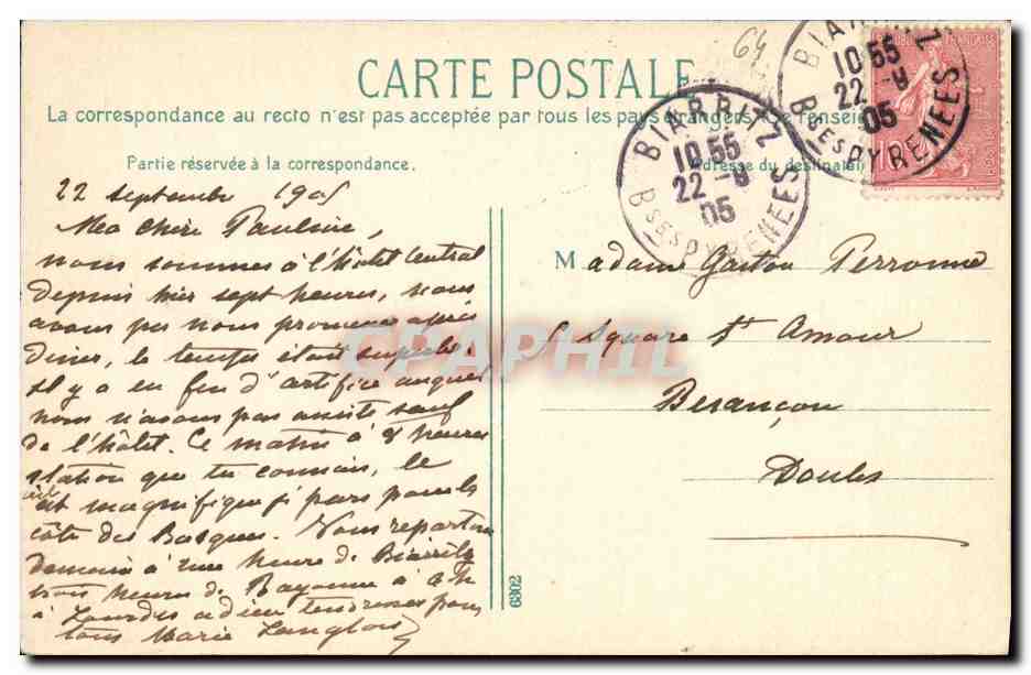 CPA Biarritz Artistique Plage Et Casino  — Verso