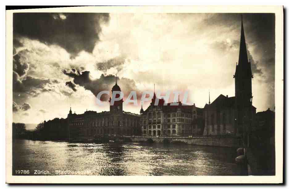 Zurich, Stadthausquai — vue du quai avec le bâtiment administratif et la flèche de l'église — édition Wehrli A.-G., Kilchberg-Zürich, n° 19786