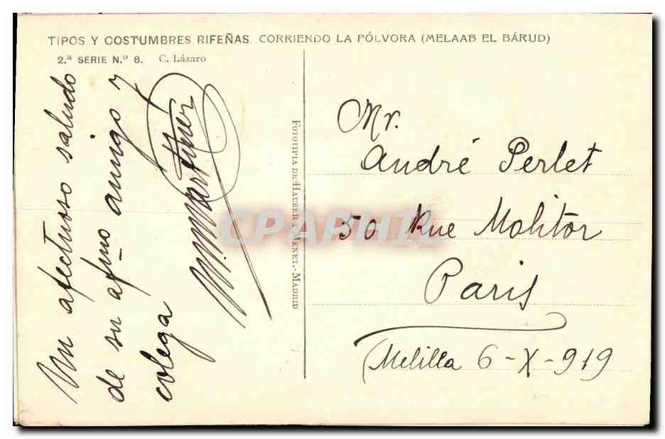 CPA Tipos y costumbres Rifenas Coriendo la polvora Melaab el Barud  — Back
