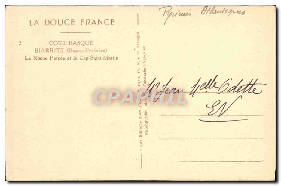 CPA Biarritz Rochers Percee et le Cap Saint Martin — Rückseite